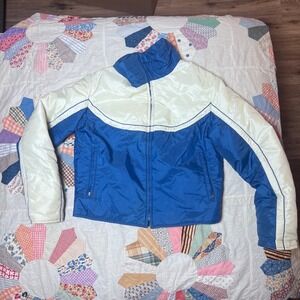 Vintage Woolrich Down Puffer Jacket Blue Cream Colorblock Kids Large 70s 80s